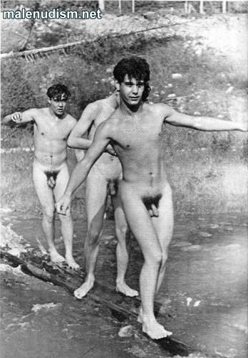 three naked boys crossing the river